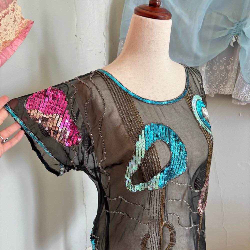 80s Vintage Silk Sheer Black Blouse with Sequin Accents